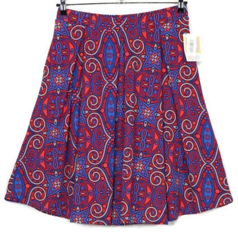 LuLaRoe Madison Pleated A-Line Skirt Red Blue Pockets‎ M Medium